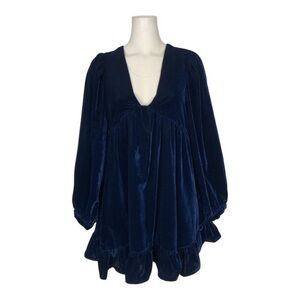 Free People Estelle Velvet Navy Babydoll Dress